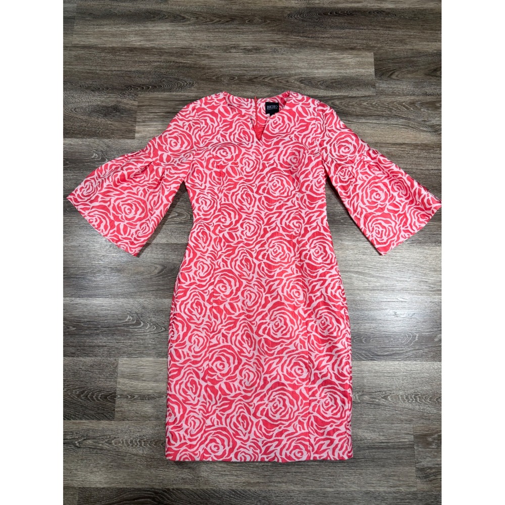 Bigio Collection Pink Rose Jacquard Bell Sleeve Sheath Dress Size 4‎